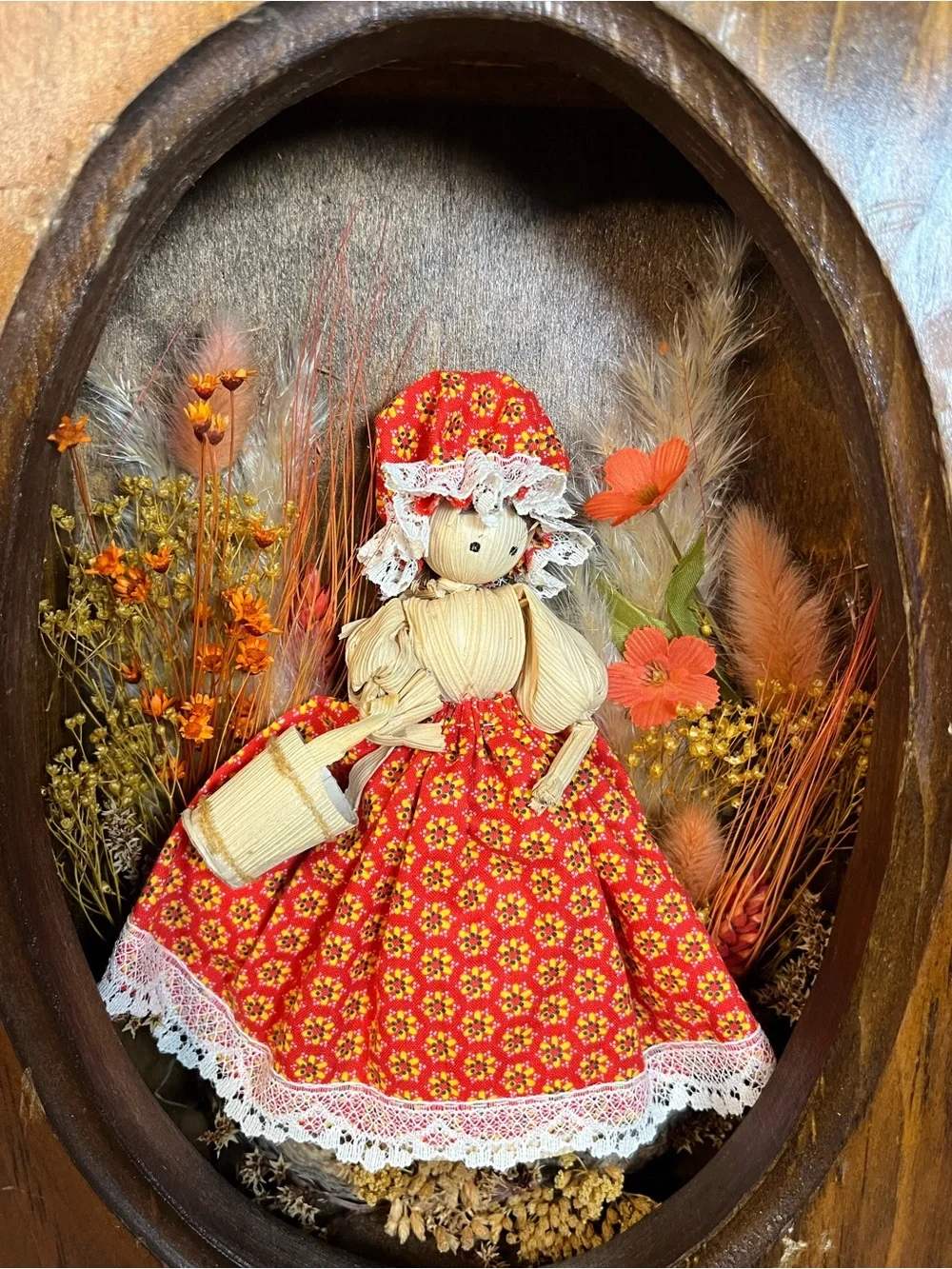 Vintage 70’s cornhusk Doll in orange Floral Dress wood Shadowbox